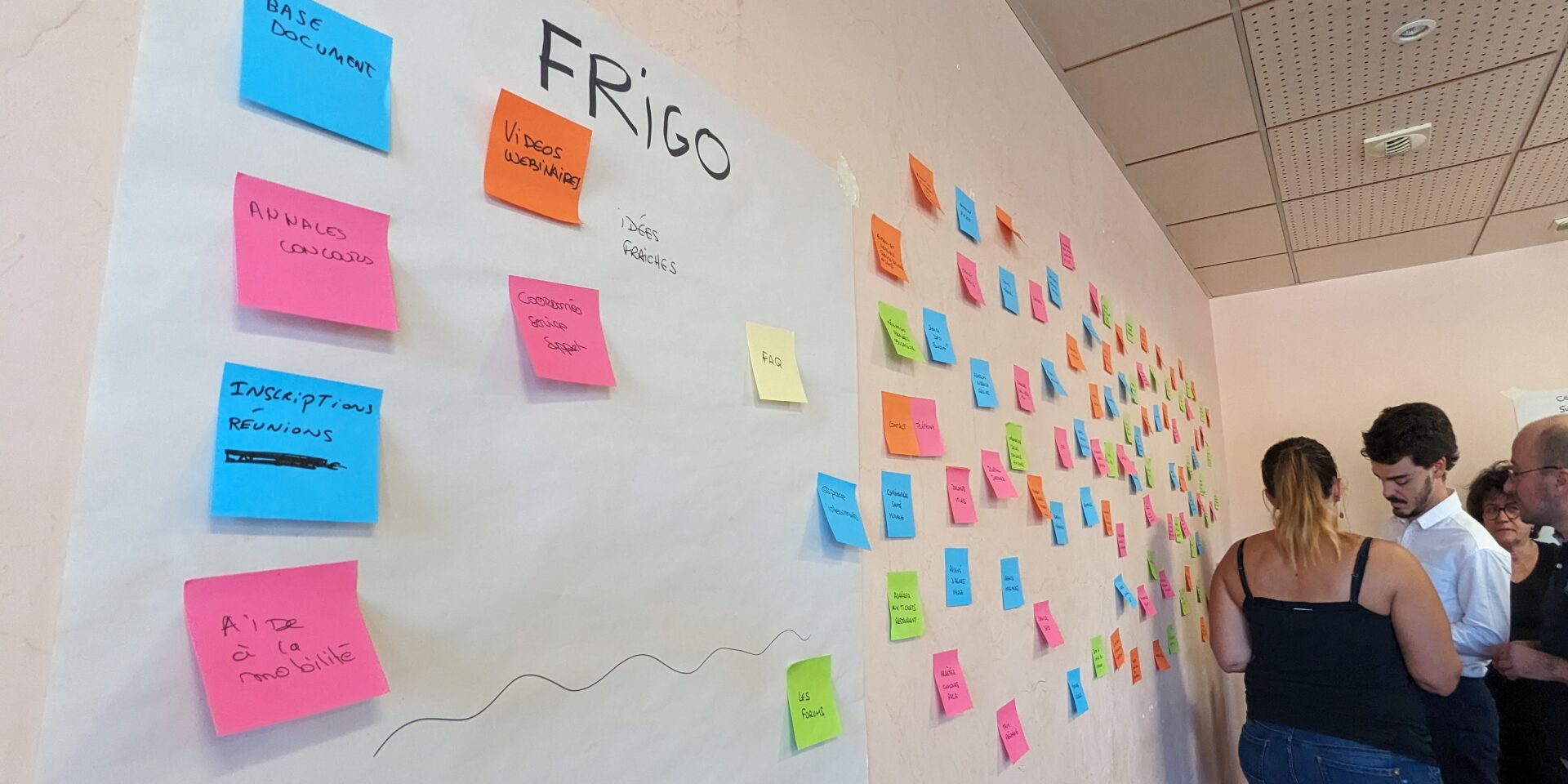 Vue rapprochée du tri de cartes avec les contenus du site sur des post-it collés au mur. Zoom sur l'affiche "Frigo"